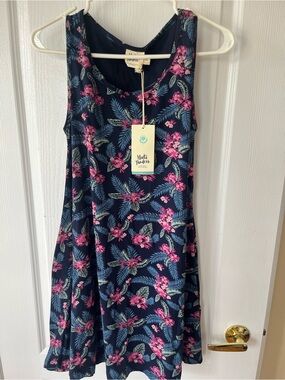 Mata Traders Navy Floral Tank Dress with Pink and Blue Leaf Print